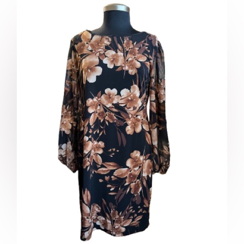 Connected Apparel Black Floral Dress With Boat Neck Balloon Sleeveless Size 8P